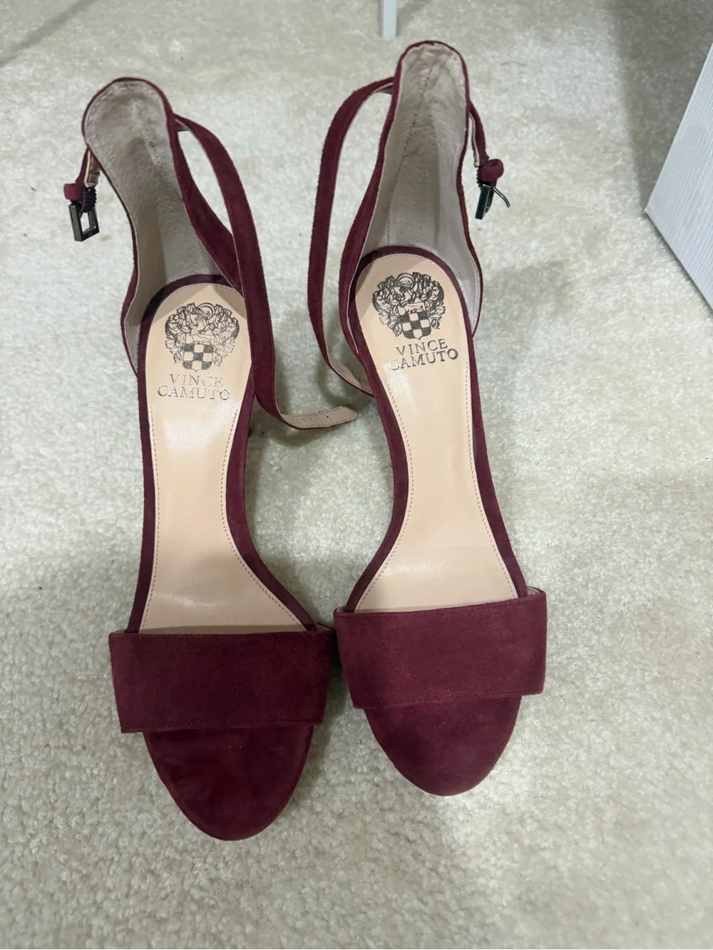 Vince Camuto Burgundy Suede Open-Toe Ankle-Strap Heels